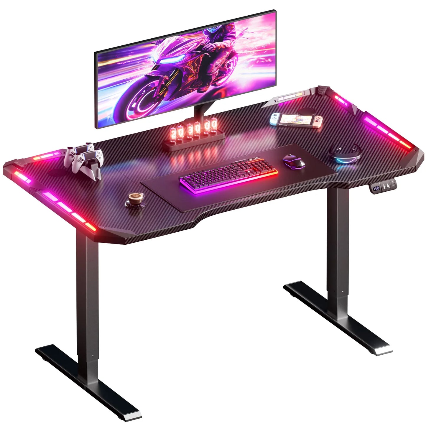 120/140/160cm Electric Height Adjustable Table, Ergonomic Gaming Desk with LED Lights, Carbon Fiber Desktop for Home Office