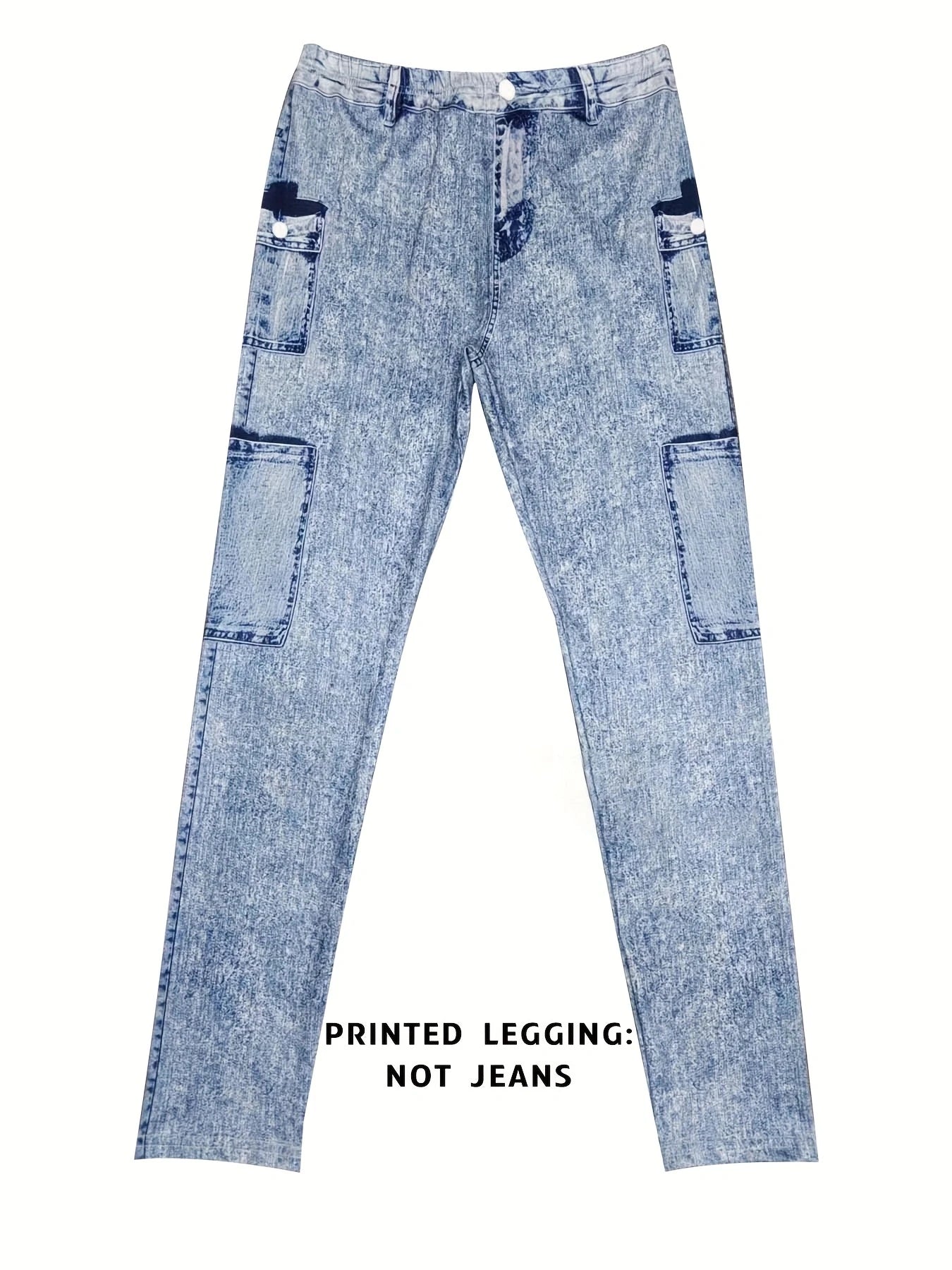 Fashion Printed Faux Denim Skinny Pants, High Waist Elastic Hip Lifting Tummy Control Outerwear Long Leggings