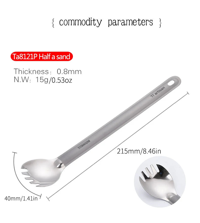 Tiartisan Titaniumsked & Spork – Ultralättviktig 15g, Långt Handtag, Frostad/Polerad, Camping