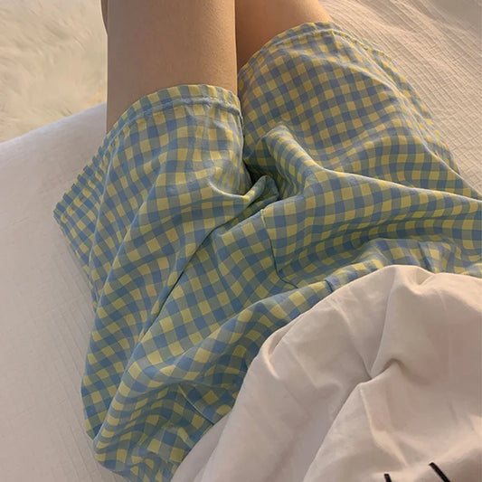 Dam Pyjamasshorts Rutigt Mönster – Mjuk Bomull, Sommar Loungewear, 6 Färger