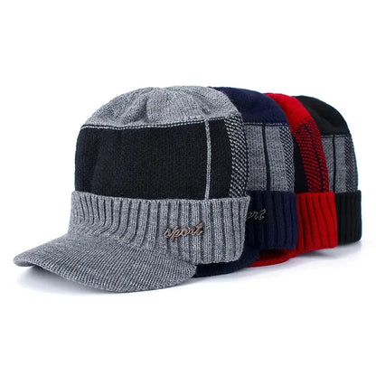 Hot Sale Unisex Warm Winter Hat With Brim Plush Fur Lined Knit Cap Sports Label Thicken Winter Hats For Men