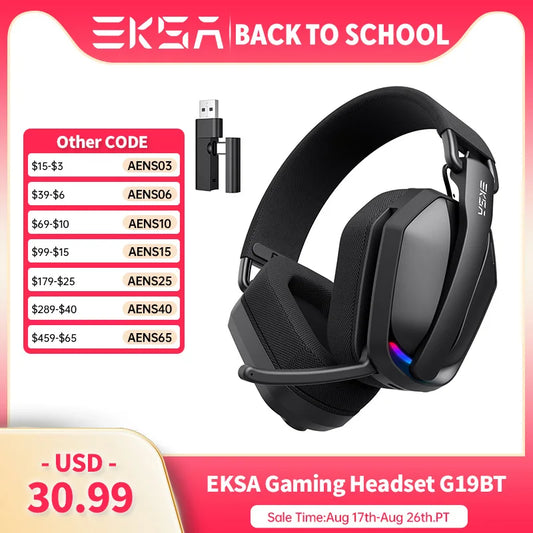 EKSA G19BT Trådlöst Gaming Headset – 4-i-1 Bluetooth 5.4 2.4GHz 30ms 35h RGB 40mm ANC-Mikrofon 169g CE/FCC/RoHS PS5 PC Svart