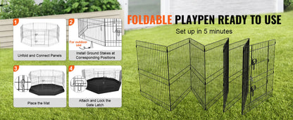 Dog Playpen, 8 Panels Foldable Metal Dog Exercise Pen with Bottom Pad, 61 cm H Pet Fence Puppy Crate Kennel with Ground Stakes, Indoor Outdoor Dog Pen for Small Medium Pets, for Camping, Yard