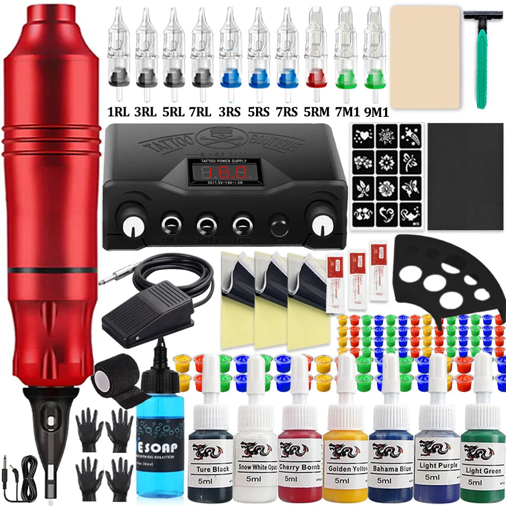 Complete Cartridge Tattoo Pen Machine Kit DC Rotary Machine Pen with Cartridge Needles Power Supply Inks for Tattoo Beginner Set