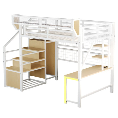 90×200cm & 140*200cm Metal High Bed, with Desk, Shelf and Storage Net, Complete with Safety Ladder, LED Lighting and Socket