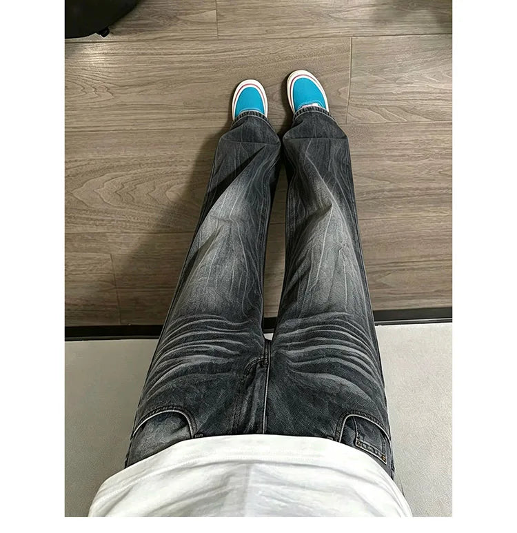 Washed Lightning Print Curved Flare Jeans For Male American Autumn Casual Fashion High Street Men Men Straight Leg Denim Pants