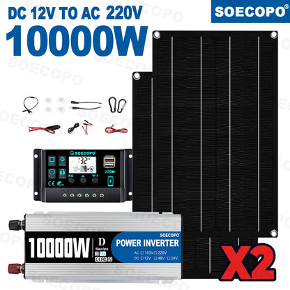 SOECOPO Solsystem-kit – 12V till 110V/220V, 1100W Inverter (10000W topp), 100A Regulator, 2×Solpanel, Hem/Husbil/Camping/Off-Grid
