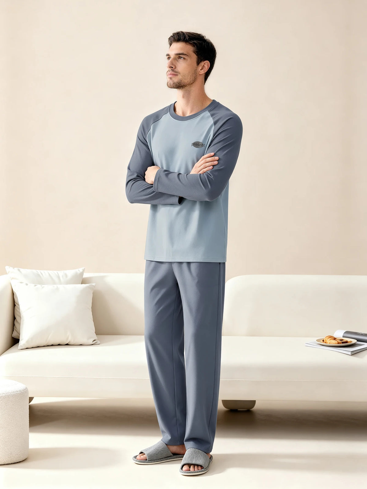 Herr Pyjamas 100% Bomull Långärmad – Fyra Säsonger Plus Size Tonår Hemmaset, L–3XL