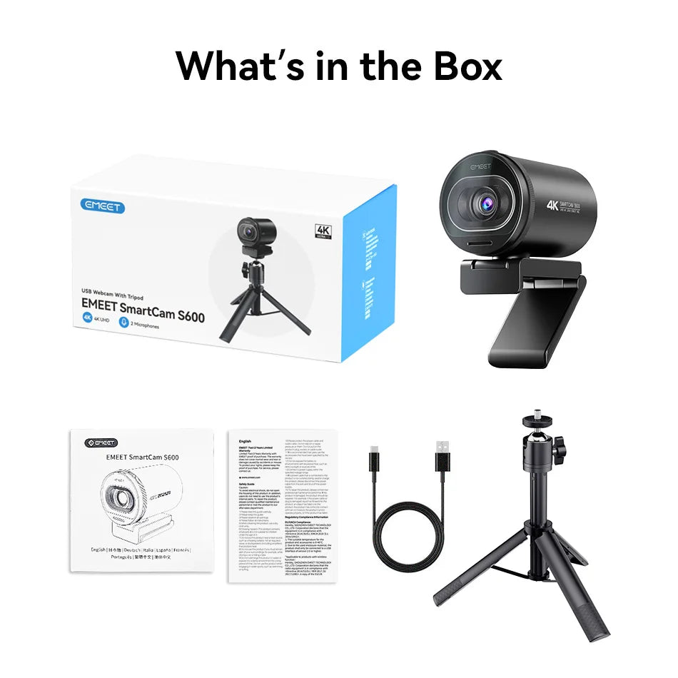4K Webcam EMEET S600 SmartCam With Tripod USB Camera for Computer/Laptop Autofocus Sony Sensor 60FPS@1080P Streaming Web Camera