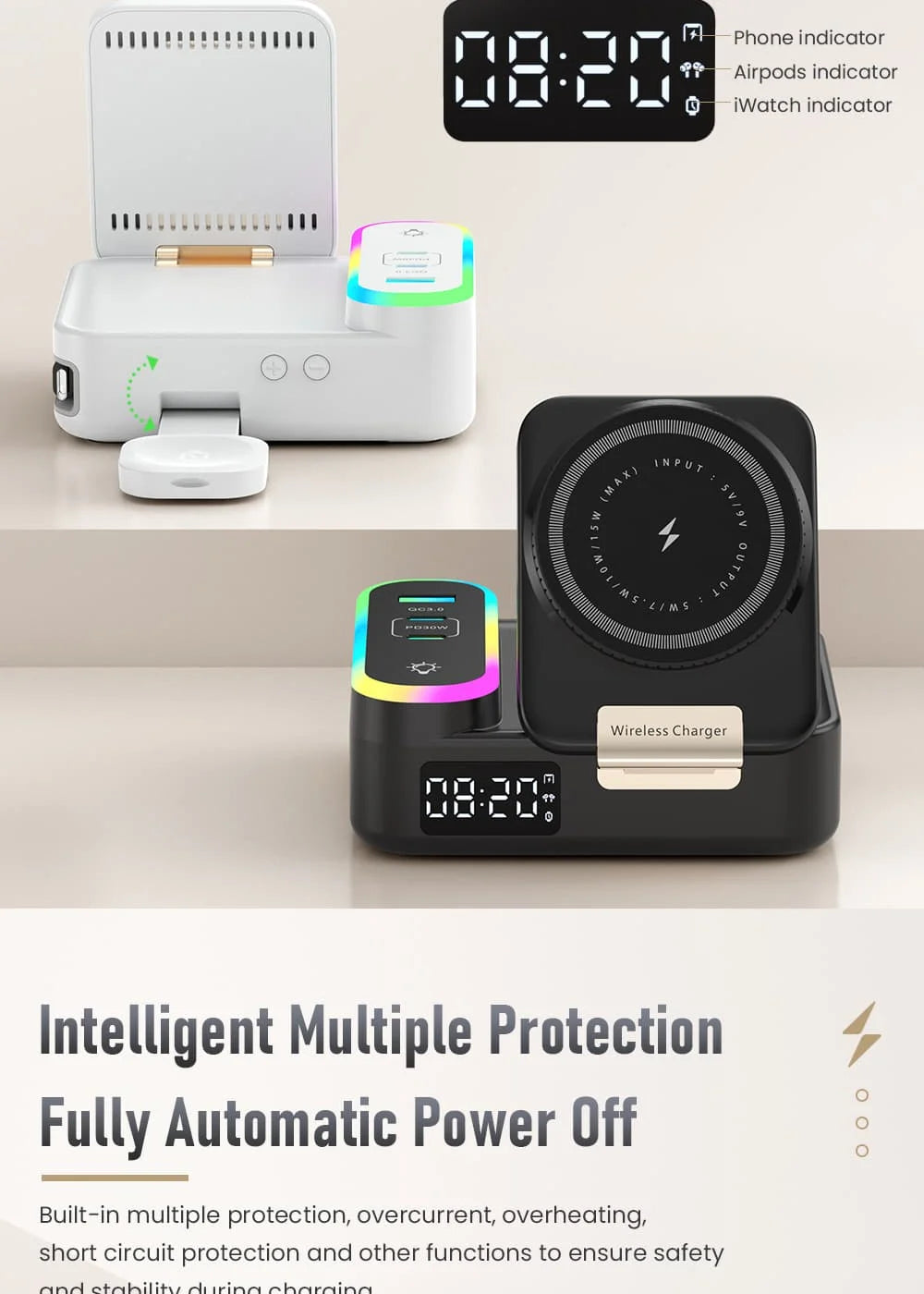 LYNXZ 8-i-1 Magnetisk Trådlös Laddstation 15W – RGB MagSafe PD30W USB-C iPhone AirPods Apple Watch Vit Svart
