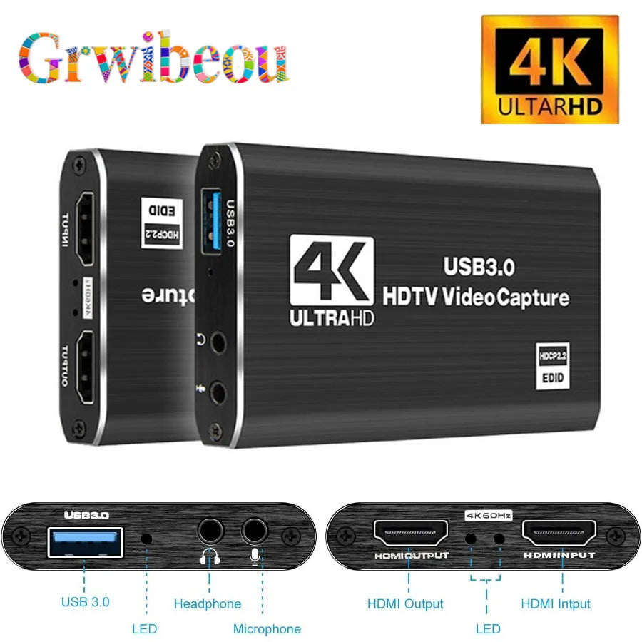 4K USB 3.0 Capture Card – HDMI-inspelningskort för PC, PS4/5, Xbox & OBS Streaming, 1080p/60Hz