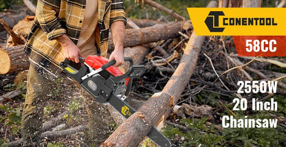 CONENTOOL Professional 58CC Gas Petrol Chainsaw 20" Chain Saw 2.55kW High Power Wood Cutter for Tree Felling Firewood Farm Forestry Garden Tool