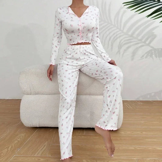 Dam Pyjamas 2-delat Set Höst & Vinter – Blommigt Tryck, Långärmad Loungewear