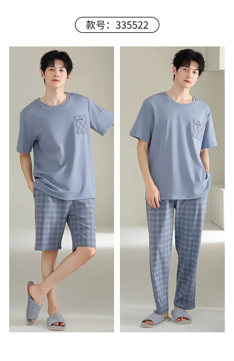 Antibacterial Cotton Pajamas for Men Summer Short Sleeve Shorts Long Pant Three-Piece Set Simple Solid Color Loose Homewear