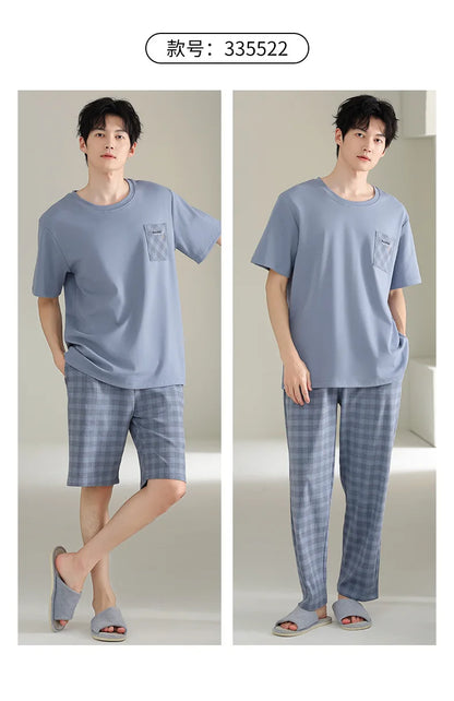 Antibacterial Cotton Pajamas for Men Summer Short Sleeve Shorts Long Pant Three-Piece Set Simple Solid Color Loose Homewear