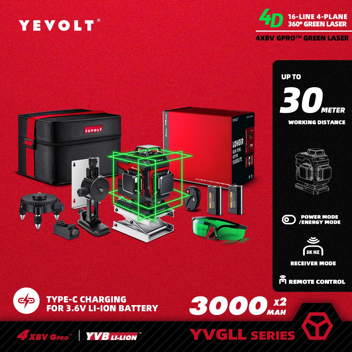 YEVOLT YVGLL4XS16 Grön Lasernivå – 4 Plan, 16 Linjer, Självnivellerande 360° 3D
