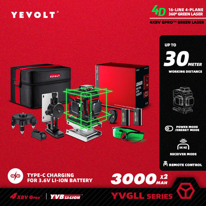 YEVOLT YVGLL4XS16 Grön Lasernivå – 4 Plan, 16 Linjer, Självnivellerande 360° 3D
