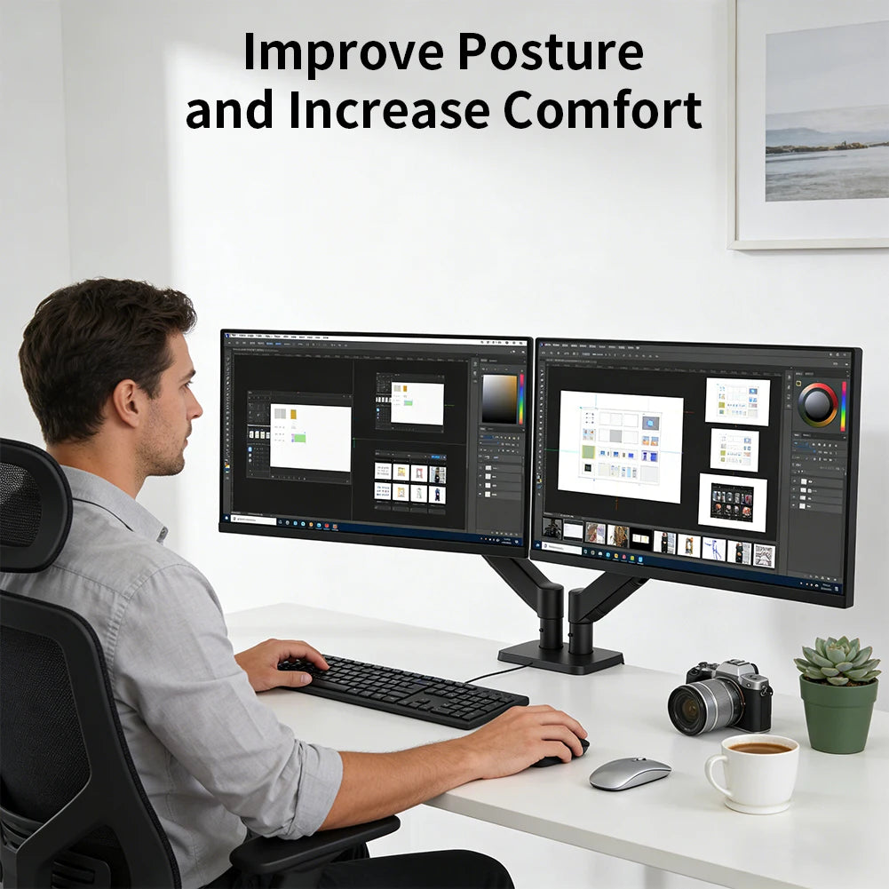 Dual Monitor Mount Stand for 13-32 Inch Screens, Fully Adjustable Double Monitor Bracket with 180° Swivel Tilt & 360° Rotation, Space Saving Desktop Screen Holder for Home Office Gaming Workstation