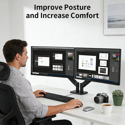 Dual Monitor Mount Stand for 13-32 Inch Screens, Fully Adjustable Double Monitor Bracket with 180° Swivel Tilt & 360° Rotation, Space Saving Desktop Screen Holder for Home Office Gaming Workstation