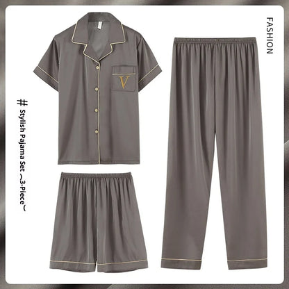 Fashion Summer Autumn 3 Piece Silk Men Pajamas Set Short Sleeve Shorts Oversize Homewear Lapel Collar Loungewear Pijamas for Man