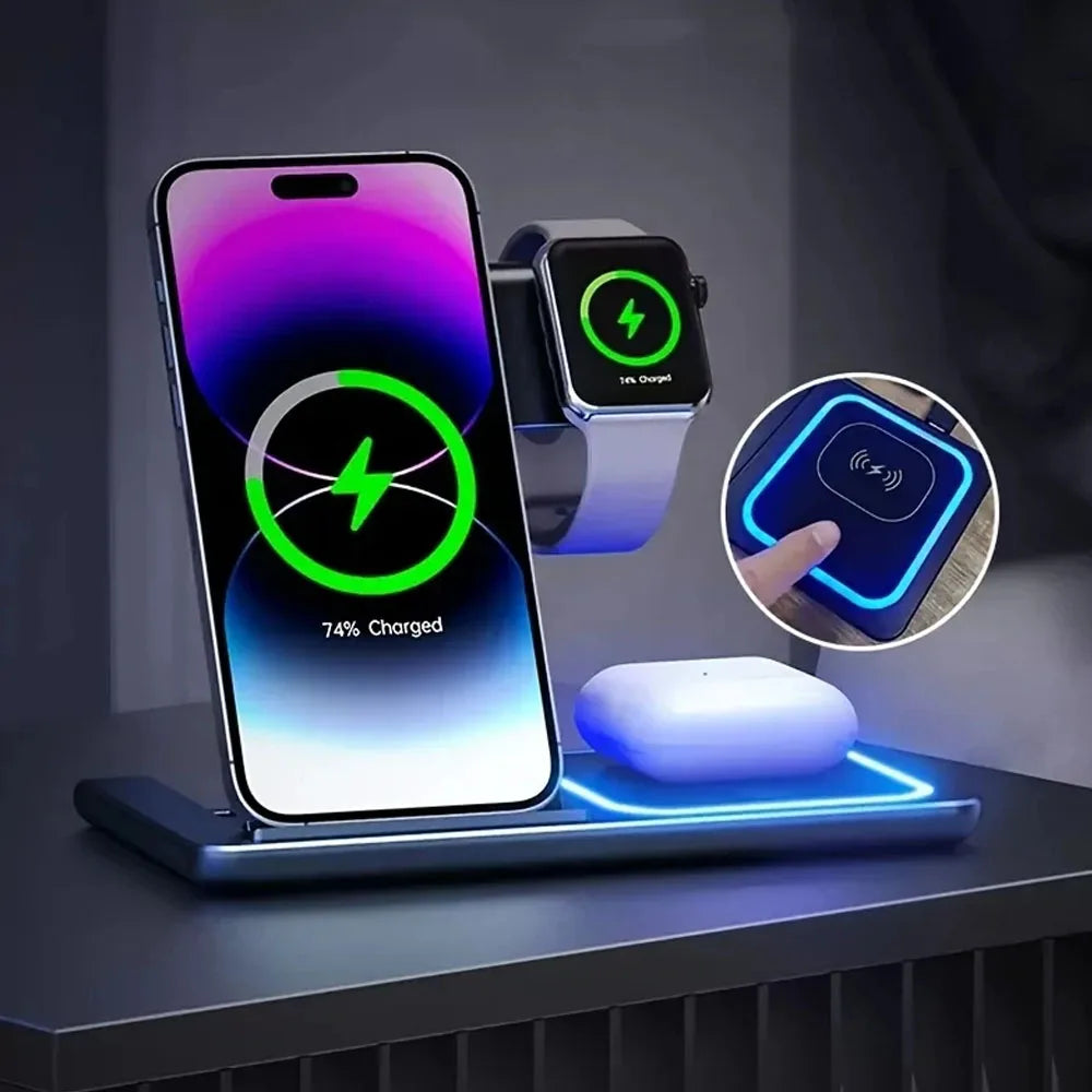 30W 3 in 1 LED Fast Wireless Charger Stand Foldable Charging Station For iPhone 17- 12 Apple Watch 9 8 7 6 5 Airpods Pro
