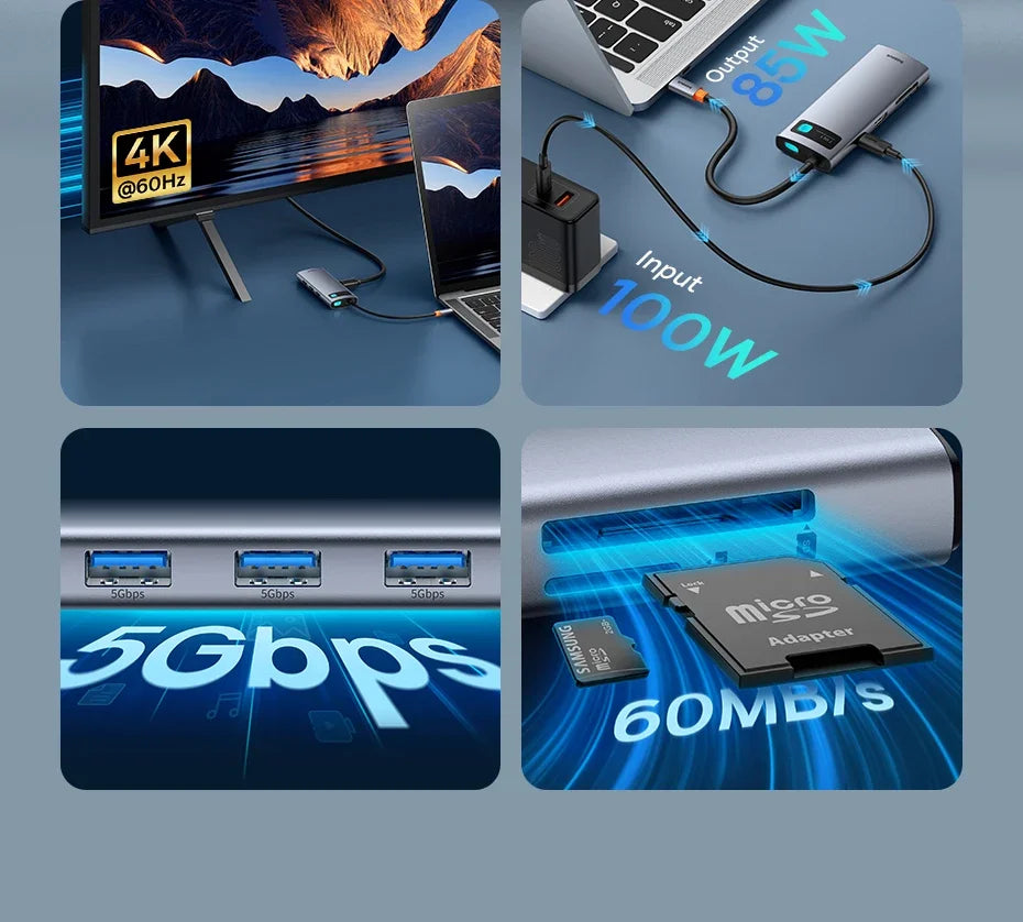 Baseus 7-in-1 Gen 2 USB C HUB 4K@60Hz HDMI 3* USB 3.0 PD 100W Type C Port SD/TF Card Reader for Macbook iPad M2 M1 Steam Deck