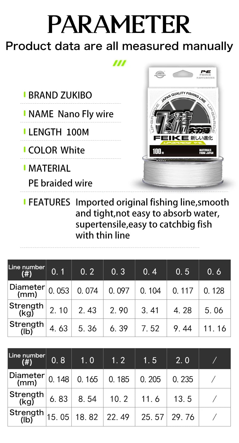 ZUKIBO Super Soft Laser Nano Braid Fishing Line Durable Smooth Multifilament PE Line Low Mermory Extremely Thinner Fishing Wire