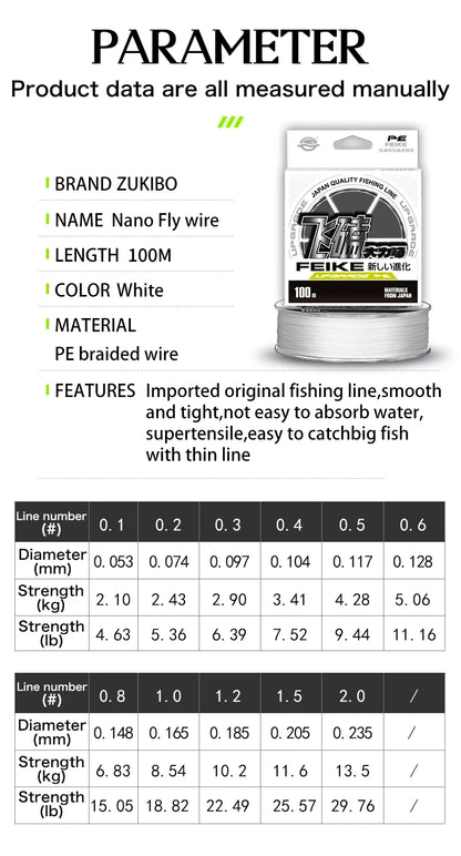 ZUKIBO Super Soft Laser Nano Braid Fishing Line Durable Smooth Multifilament PE Line Low Mermory Extremely Thinner Fishing Wire