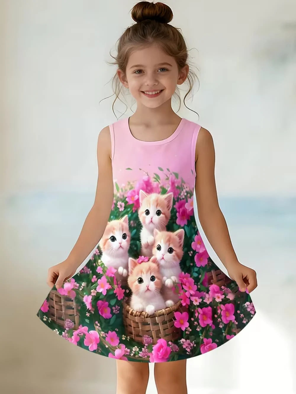 Girl Clothes Cartoon Cat Graphic Printed Girls' Princess Dress Summer Casual Dress for Girls Outfit O-Neck Birthday Gift Clothes