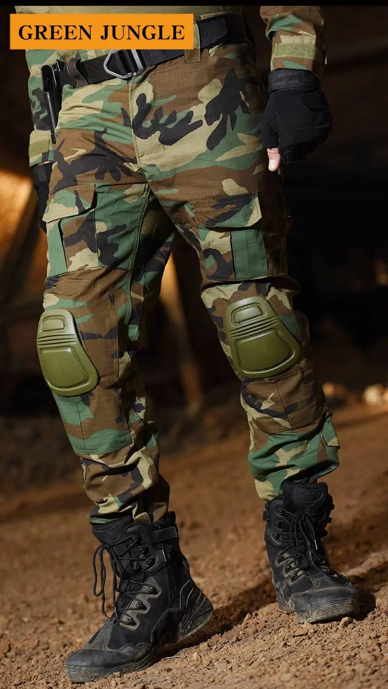 Multicam Tactical Pants +Pads Men Combat Trousers Work Camo Hunting Clothes Multi-pocket Breathable Wear-resisting Cargo Pants