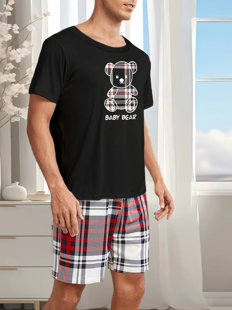 Herr Pyjamas Set Rutig – Kortärmad Topp & Shorts Hudvänlig Avslappnad, 11 Färger S–4XL