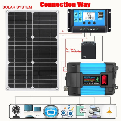 Komplett Solkraftsystem 4000W/6000W – 20W Monokristallin Solpanel + Modifierad Sinusvåg Inverter 110V/220V + 30A PWM-regulator 12V/24V