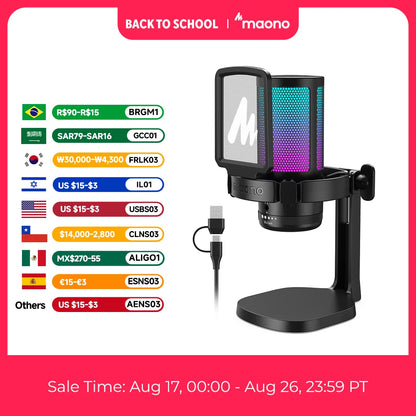 MAONO DGM20 USB Gaming Microphone for PC with RGB Light Noise Reduction Tap-to-Mute Gain Control for Discord Streaming Podcast