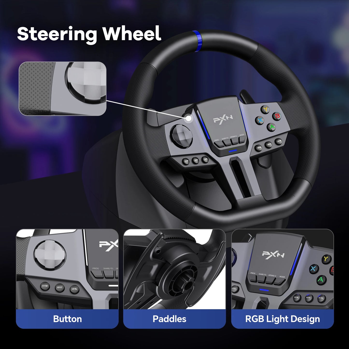 PXN V9 GEN2 Racing Wheel for PC/Xbox/PS4, 270°/900°, Hall 3-Pedal Set, H-Shifter, Dual Paddles, RGB, App