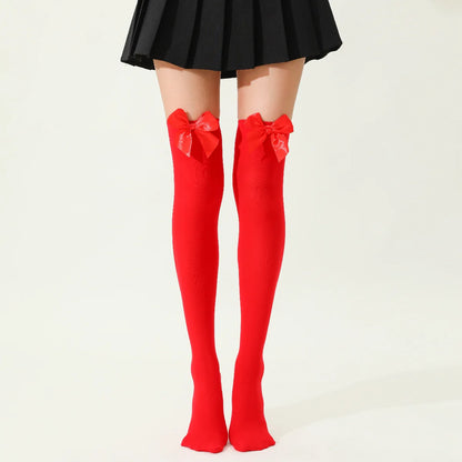 Dam Overknee Strumpor med Satinrosett – Elastiska Spets Tights Kväll & Fest, 3 Färger
