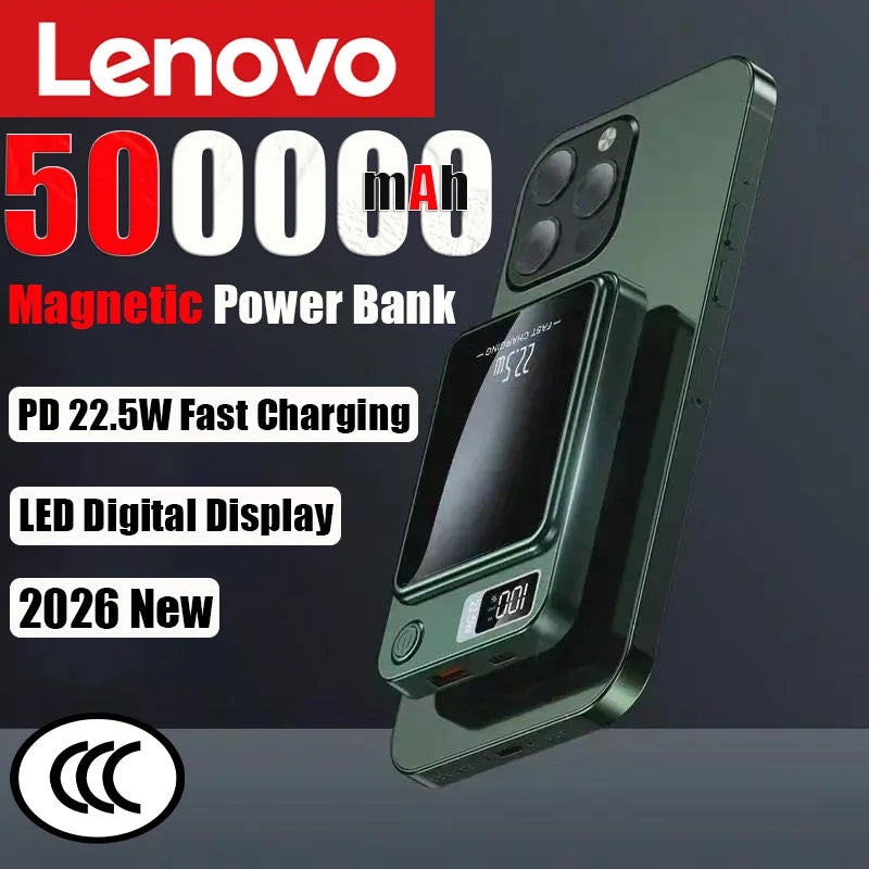 Lenovo New 500000mAh Magnetic Wireless Power Bank Super Fast Charging LED Display Digital for MagSafe For iPhone Huawei Xiaomi