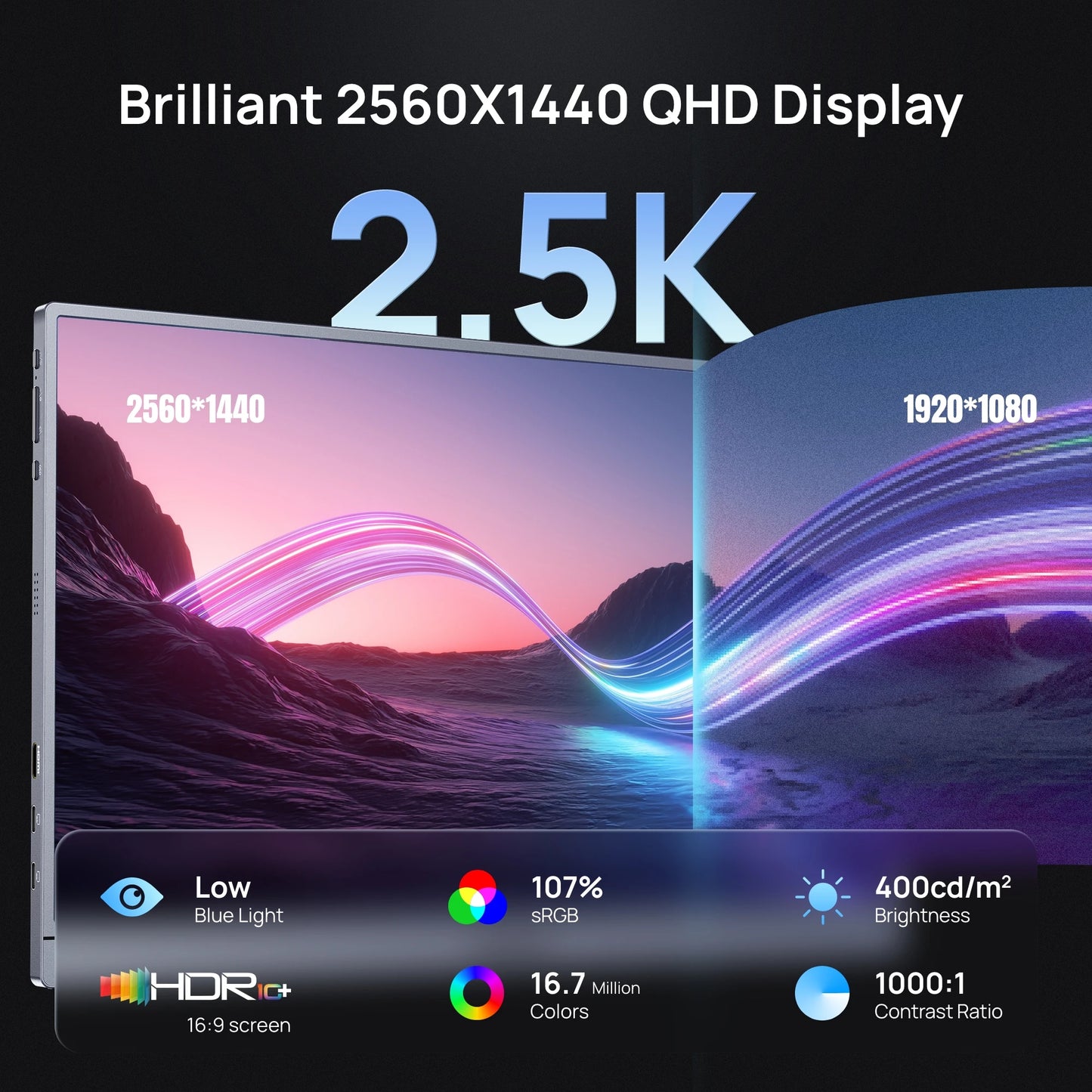 ARZOPA Z3FC Portabel Skärm 16,1" 180Hz 2,5K QHD – IPS 107% sRGB HDR10 Dubbla Högtalare Aluminium USB-C HDMI