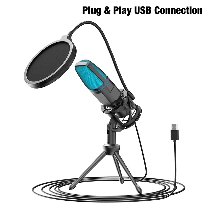 USB Microphone RGB Microfone Condensador Wire Gaming Mic for Podcast Recording Studio Streaming Laptop Desktop PC