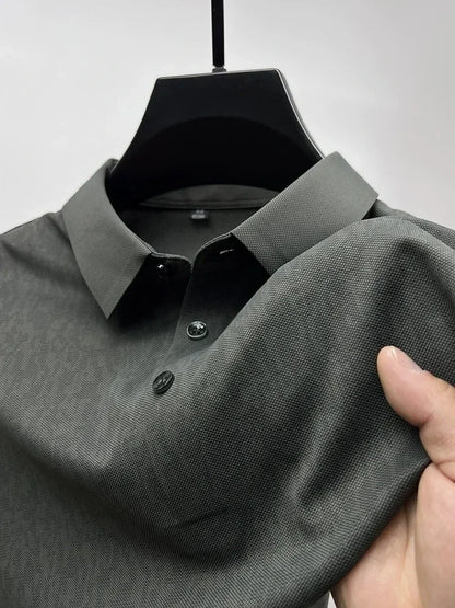 High end ice silk seamless short sleeve POLO shirt men's 2024 summer new fashionable jacquard silk breathable lapel T-shirt