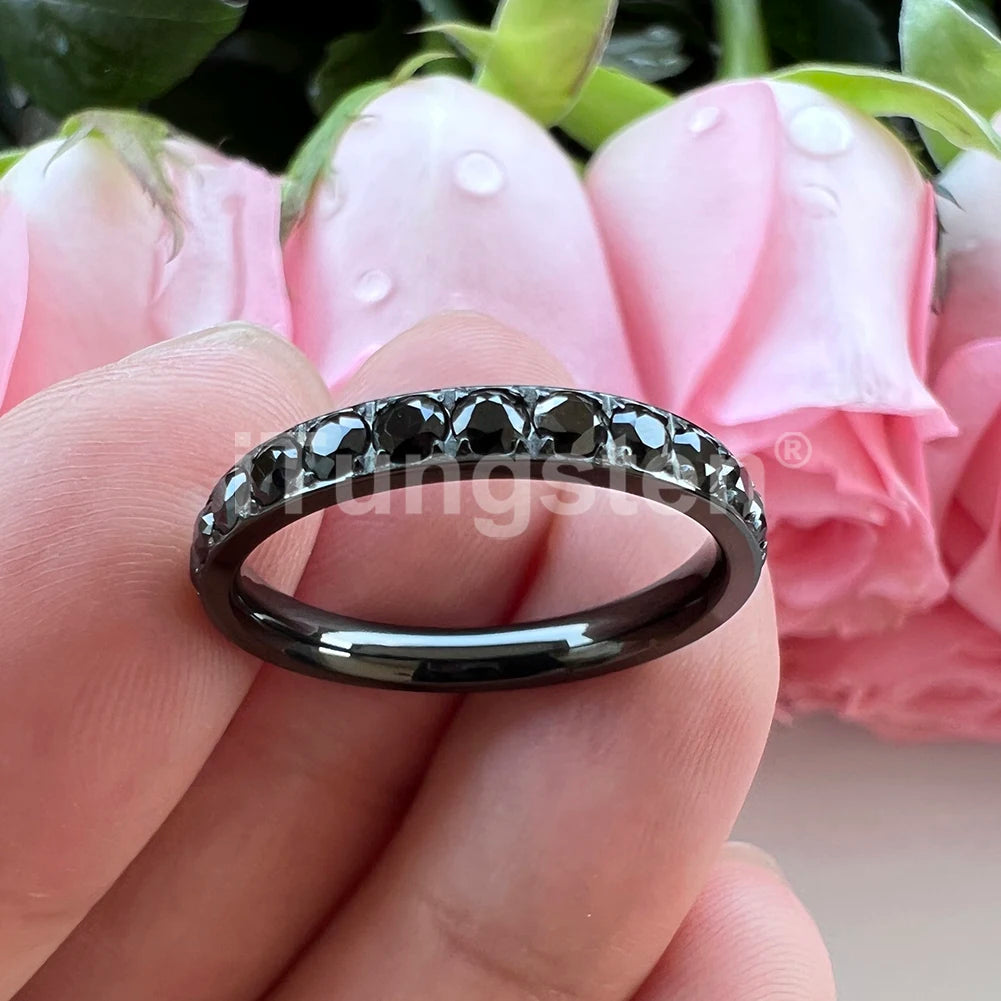 ITungsten 2/3/4mm Men Women Titanium Princess Cubic Zirconia CZ Inlay Ring Nice Eternity Engagement Wedding Band