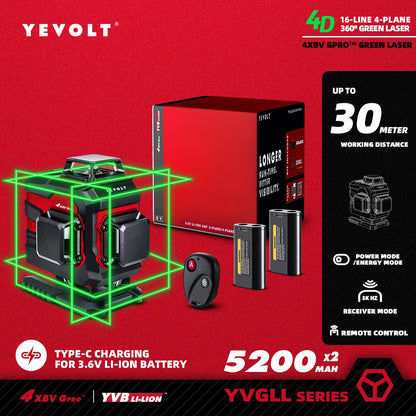 YEVOLT YVGLL4XS16 Grön Lasernivå 4D – 4 Plan, 16 Linjer, 3Ah/5,2Ah Batteri, Självnivellerande