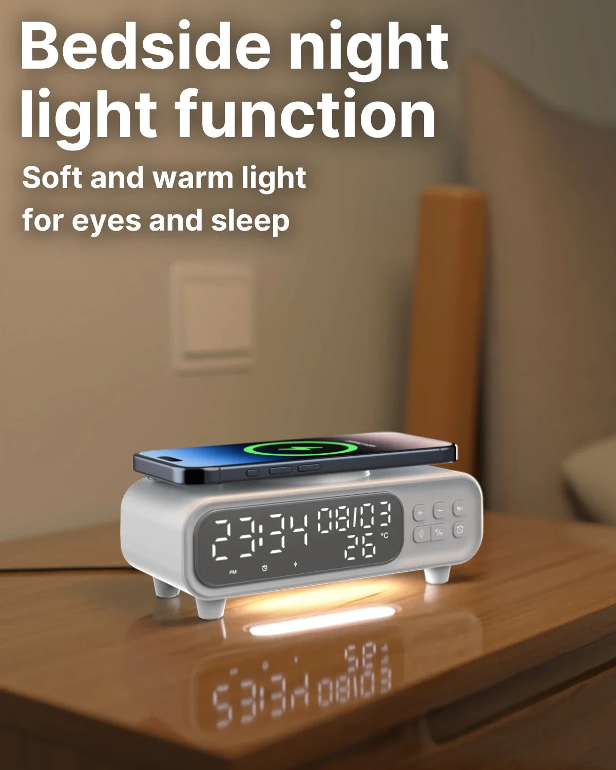VIKEFON 15W Trådlös Laddare med Väckarklocka Nattljus & Termometer – Qi USB-C iPhone Android Hörlurar Snabbladdning CE RoHS