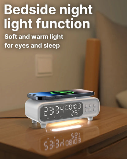 VIKEFON 15W Trådlös Laddare med Väckarklocka Nattljus & Termometer – Qi USB-C iPhone Android Hörlurar Snabbladdning CE RoHS