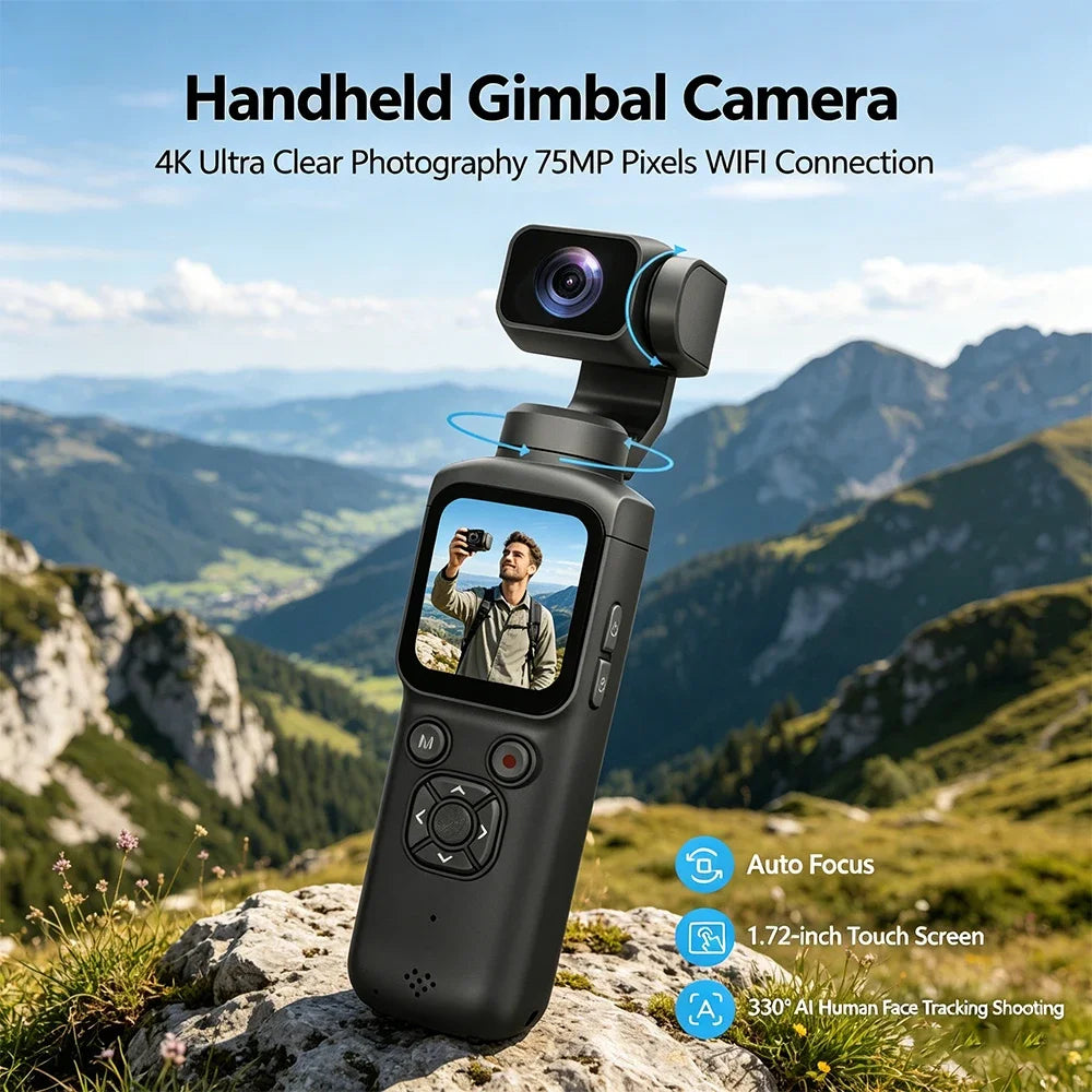 4K Action Camera with 330° Face Tracking Gimbal Stabilizer, 75MP WiFi Pocket Portable Camcorder, Mini Handheld Vlog Camera for