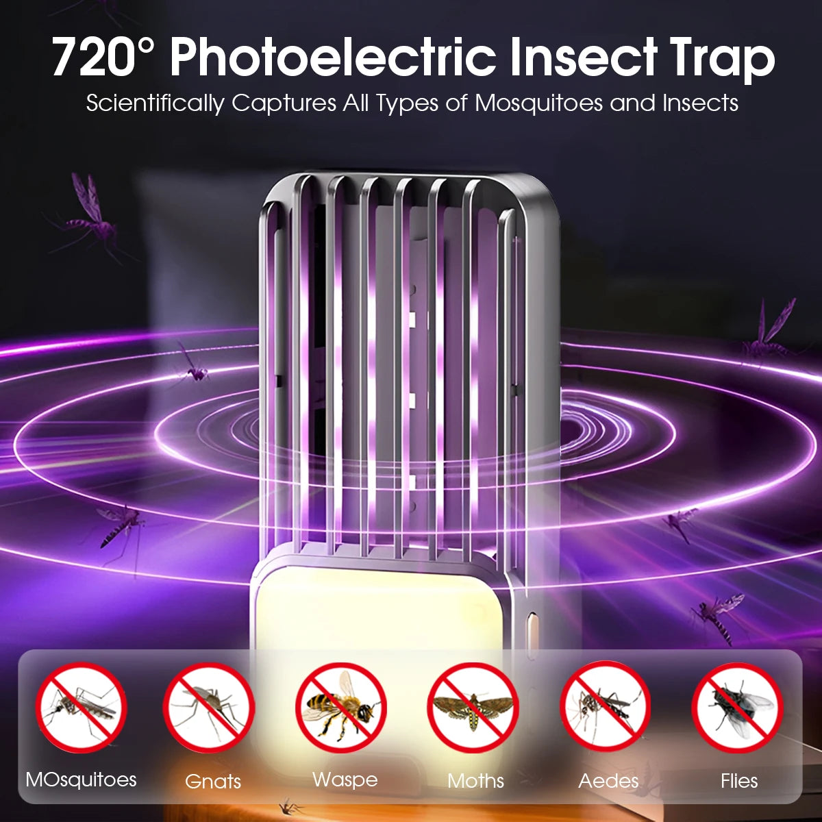 Electric Mosquito Trap USB 3 Adjustable Modes Plug-in Bug Zapper Night Light Indoor Pest Control for Bedroom Kitchen