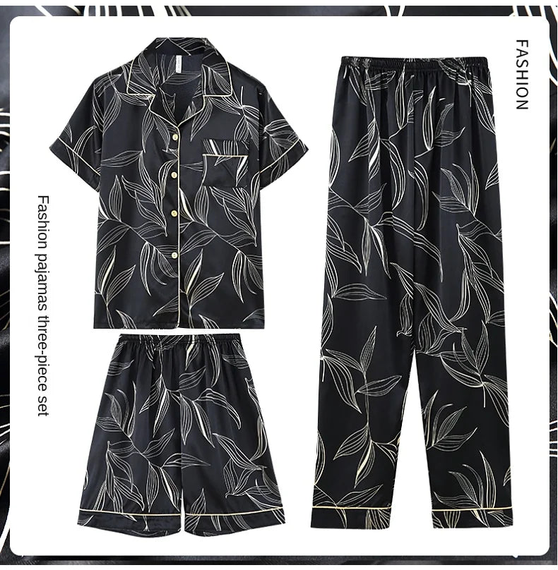 Fashion Summer Autumn 3 Piece Silk Men Pajamas Set Short Sleeve Shorts Oversize Homewear Lapel Collar Loungewear Pijamas for Man