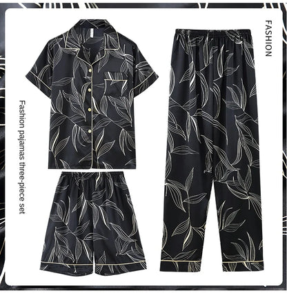 Fashion Summer Autumn 3 Piece Silk Men Pajamas Set Short Sleeve Shorts Oversize Homewear Lapel Collar Loungewear Pijamas for Man