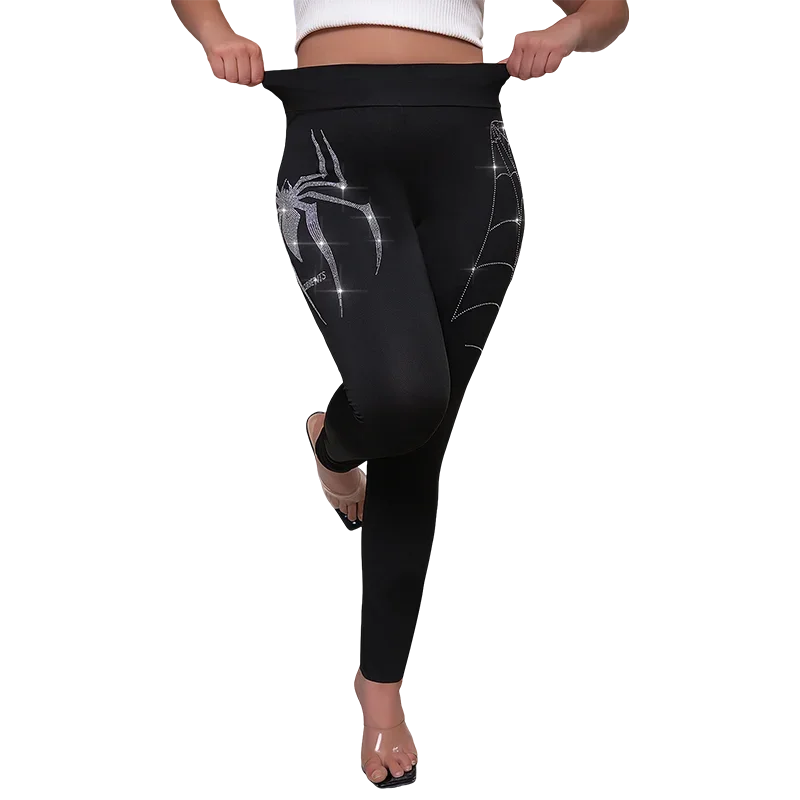 Plus Size Women's Rhinestone Spider Pattern Leggings Comfortable High-Stretch Knit Pants Fashionable Casual Style Trousers