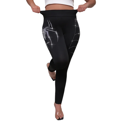 Plus Size Women's Rhinestone Spider Pattern Leggings Comfortable High-Stretch Knit Pants Fashionable Casual Style Trousers