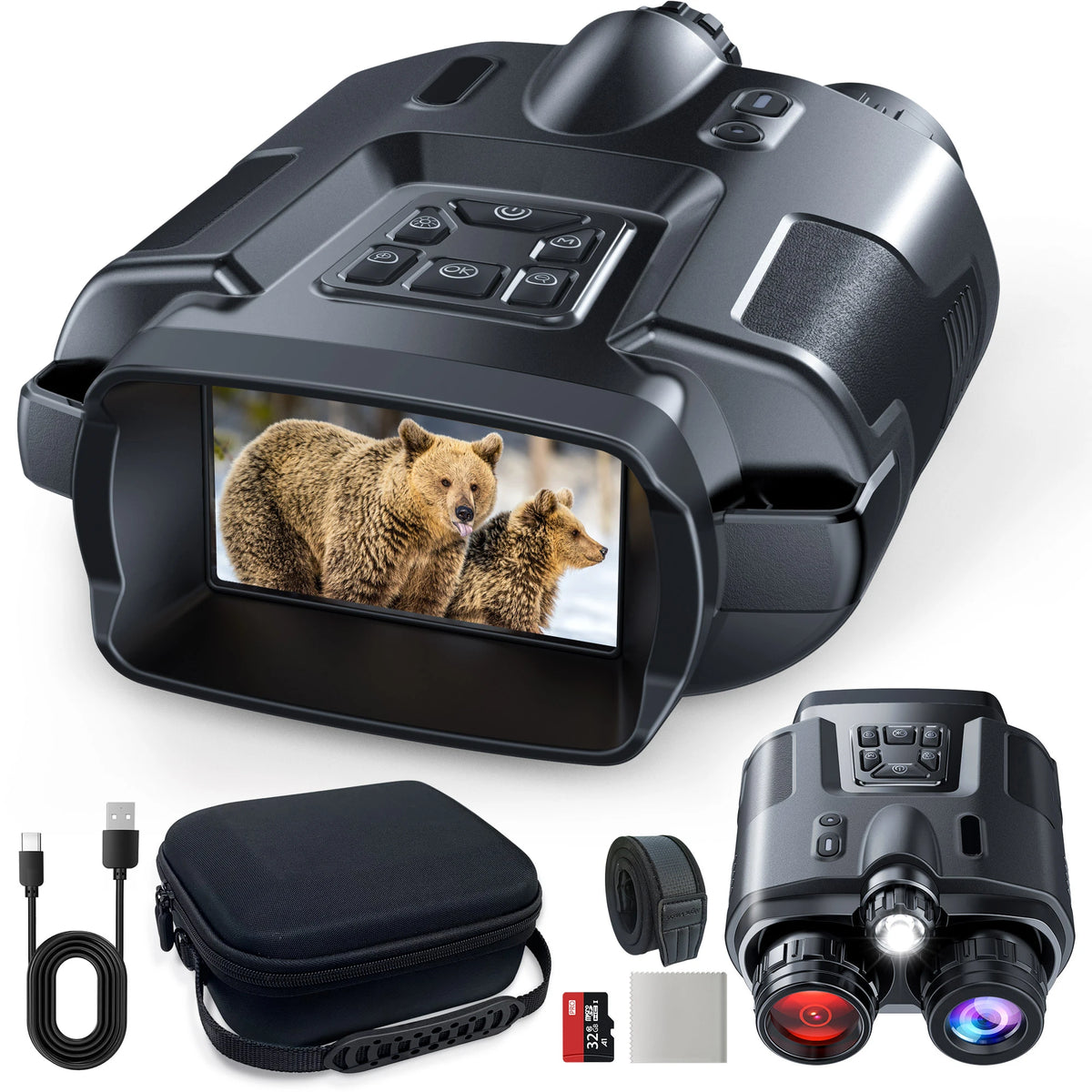 4K Night Vision Binoculars 64GB 8x Digital 400m Full Dark Infrared Telescope Goggles 3.2” Screen for Hunting Camping Boating